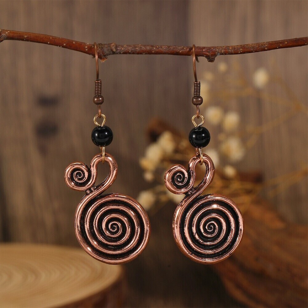 Boho Spiral Swirl Dangle Drop Earrings Copper Tone Black Beaded Textured